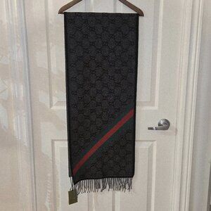 GUCCI Wool Monogram Web Fringe Scarf